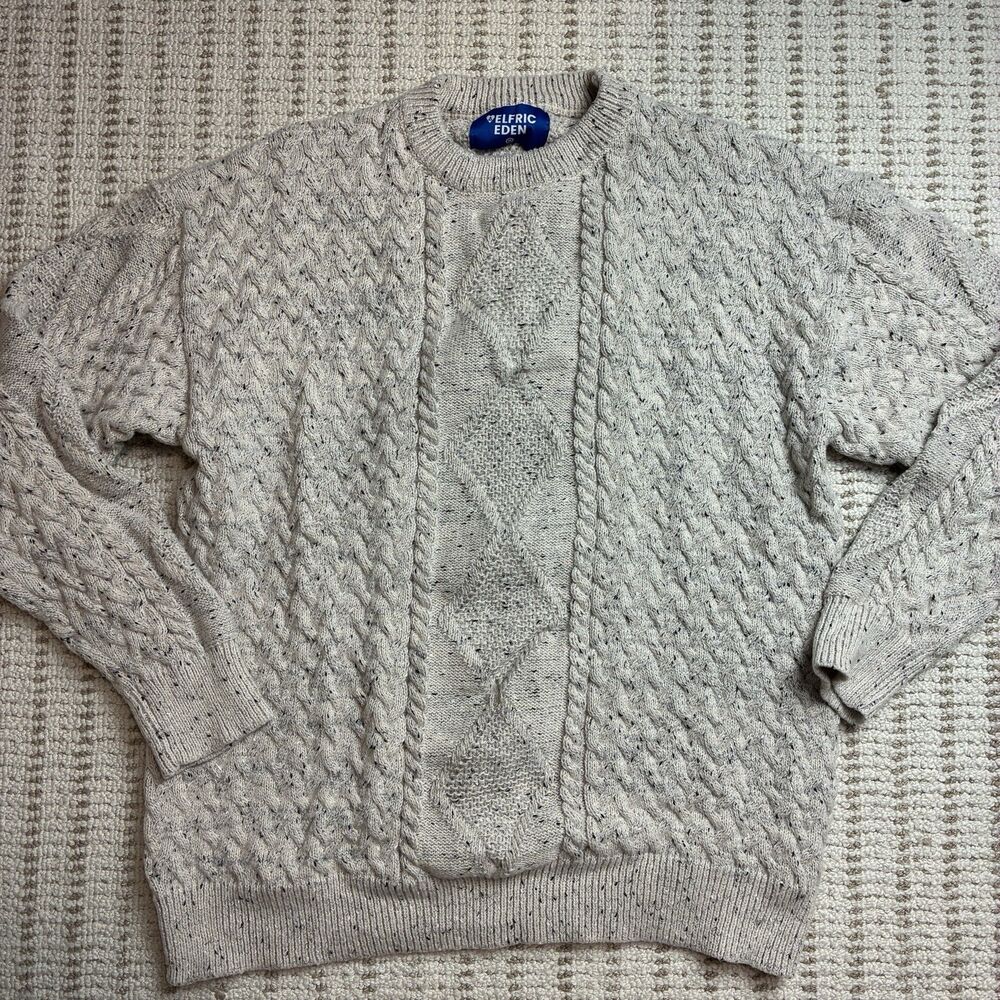 Aelfric Eden Chunky Fisherman Soft Cable Knit Sweater Gray Ivory Beige Mens M